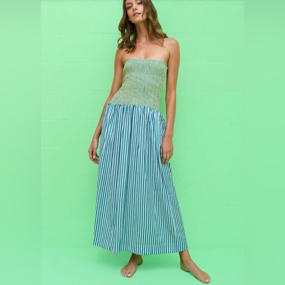 NWT Pitusa Smocked Strapless Aqua Stripe Midi Dress SZ STANDARD